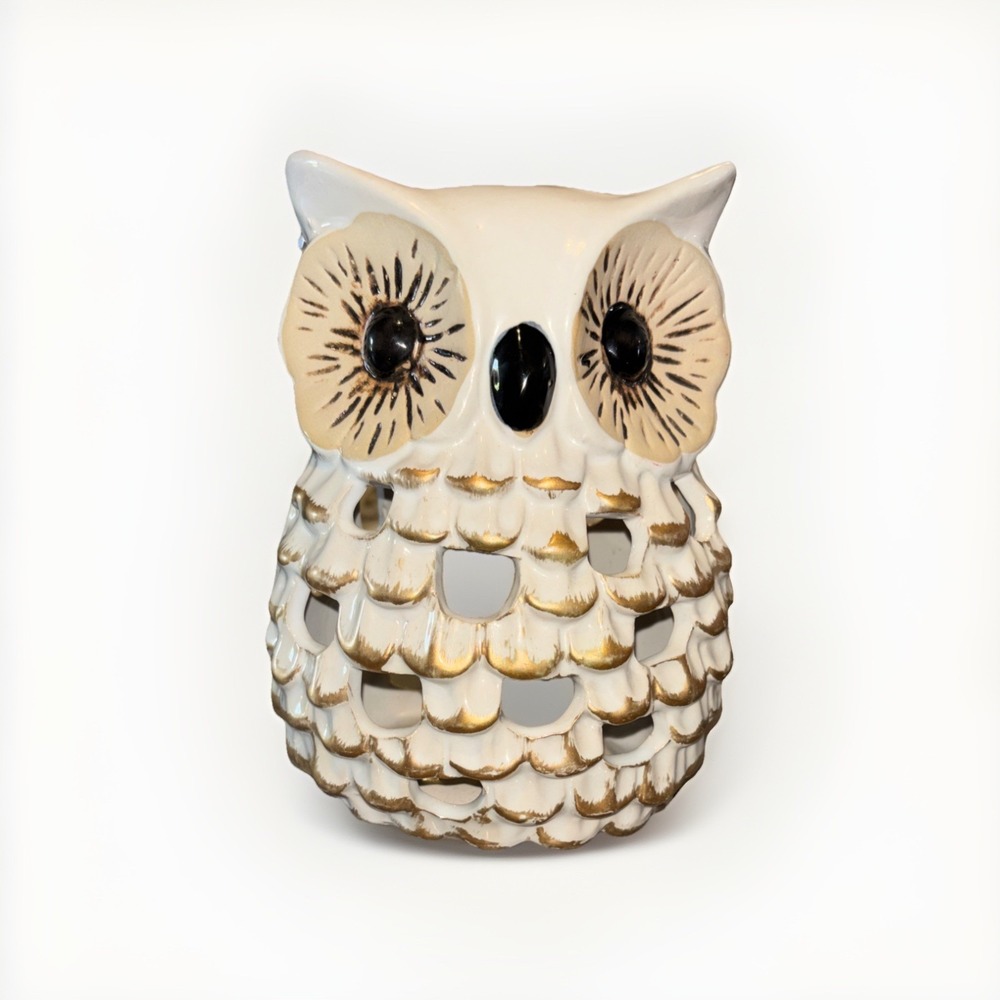 Ceramic Owl Candle Holder White Goldtone 6.75"H x 5.5"W x 4"L